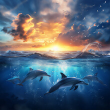 Dolphin Jumping Out Of Water In The Open Sea At Sunset
