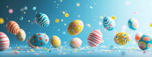 Colorful Easter Eggs Flying On Pastel Blue Studio Background, Banner Image