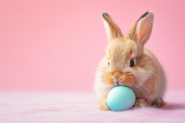 Wall Mural - cute little easter bunny sitting near easter egg isolated on pastel pink background with copy space, Happy Easter postcard with adorable rabbit, easter celebration postcard