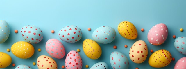 Sticker - colorful easter eggs on pastel blue studio background, banner with copyspace, top view