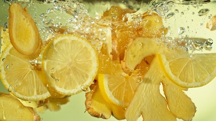 Aufkleber - Freeze Motion of Ginger and Lemon Slices Falling into Water.