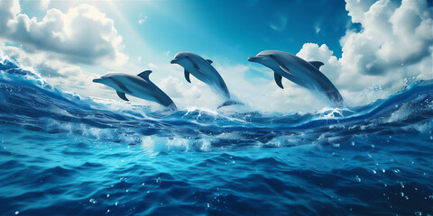 Wall Mural - dolphin jumping out of water in the open sea