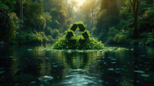 Recycle Icon, Representing The Ecological Call For Recycling And Reuse In The Form Of A Lake With A Recycling Symbol In The Middle Of A Forest.