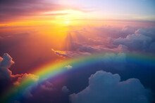 Fantastic Sunrise Over The Sea Calming Rainbow On Rhythm Cloud Background.