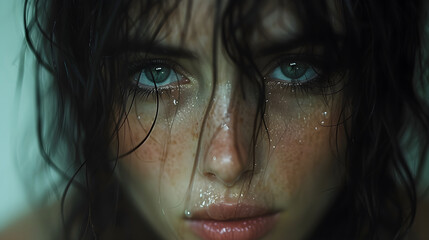 Wall Mural - Portrait of a beautiful girl with freckles and wet face