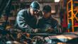 A mechanic is training an apprentice to understand the workings of a car engine. He teaches auto repair in a garage.