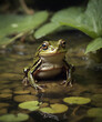 A frog sits in water and algae. Nature