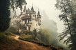 Schloss im nebligen Wald
