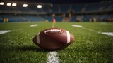 Fototapeta Sport - Brown Leather Football on Green Turf, Symbolizing American Football.Football on Lush Green Field, Inviting Play and Competition,Isolated Football on Green Grass, Ready for American Football Action