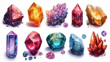 Poster - Set of fantasy colored gems for games. Diamonds with different cuts, fantasy mystic style. Isolated jewels, diamonds gem set