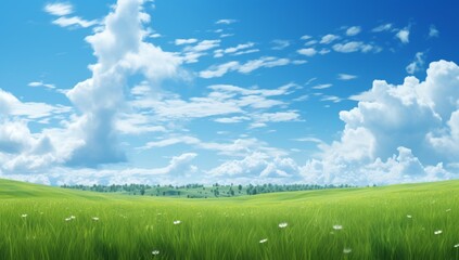 Wall Mural - Green field on the horizon Panoramic green field landscape view. Blue mountains background and bright blue sky. Windows background, wallpaper