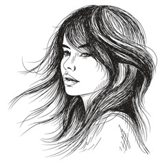 Wall Mural - Vector portrait of a fashionable young beautiful girl with tousled hair. Vector dotted black and white female portrait.