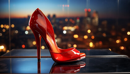 Poster - Shiny high heels reflect city life glamorous elegance at night generated by AI