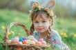 Little girl with bunny ears hunts for Easter eggs in vibrant nature