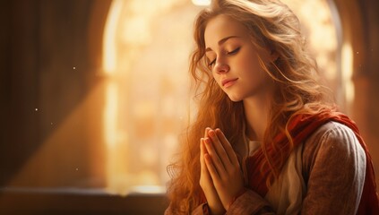 A young woman praying in the golden sunlight, youthful, cute and dreamy religious image. Lonely boy prays.