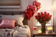 © Alexandr - The interior of a beautiful bedroom with a bouquet of roses, candles, balloons, decor for Valentine's Day. A romantic date.