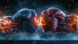 Two boxing gloves, one blue and one red, are captured in a moment of intense collision, with flames and heat emanating from their impact.