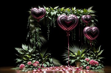 heart-shaped balloons with a frame of tropical plants and flowers on a black background,  Lifestyle, for greeting card, card, banner, poster, with Copy space, for art product design