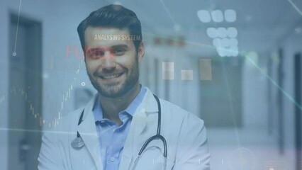 Canvas Print - Animation of network and data processing over happy caucasian male doctor in hospital