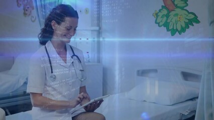 Wall Mural - Animation of data processing over happy caucasian female doctor using tablet in hospital