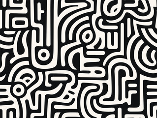 Perfectly seamless pattern, vector repeated abstract african texture. Tribal shapes background, black and white monochrome wallpaper
