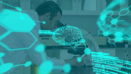 Poster - animation of data processing and chemical formula over caucasian male scientist using in lab
