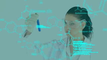 Poster - Animation of data processing and chemical formula over caucasian female scientist in lab
