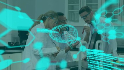 Poster - animation of data processing and chemical formula over caucasian scientists in lab