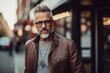 Portrait of a handsome middle-aged man with gray hair and beard wearing a brown leather jacket and glasses standing on the street in the city.