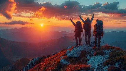 a group of hikers with backpacks raise their arms in triumph on a mountain summit as the sunset pain