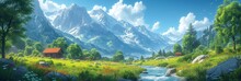 Lush Meadows And Towering Mountains Create A Breathtaking Summer Panorama In This Serene Wonderland.