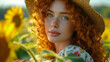 A young and extremely gorgeous female model with curly red hair and green eyes, wearing a floral dress and a hat, walking in a field of sunflowers and holding a basket of fresh fruits. 
