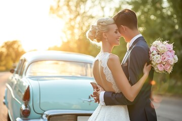 Wall Mural - Newly married couple during their photo session, posing at sunset next to a vintage car.
