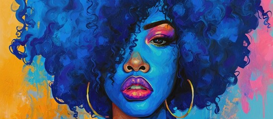 Wall Mural - Colorful pop art style painting of a beautiful African woman with blue curly hair.