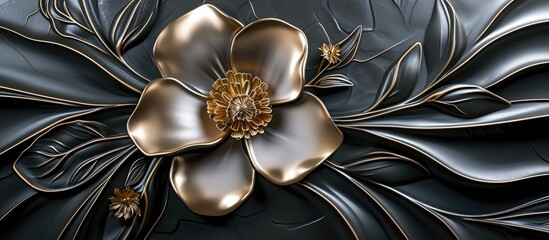 Poster - print 3d ceramic tiles with a beautiful italian-style golden flower design for wall decor.