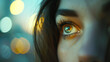 Cinematic closeup shot of a woman's beautiful eyes gazing in an illuminated distance with beautiful eyelashes