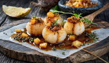 Tawa Scallops pan seared king scallops marinated with tamarind chutney and secret spice mix served along with roasted local pineapple relish