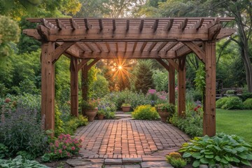 Stylish Wooden gazebo in a beautiful green garden