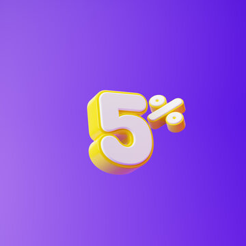 White five percent or 5 % with yellow outline isolated over purple background. 3D rendering.