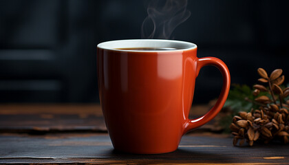 Sticker - Hot drink on wooden table, steam rises from coffee cup generated by AI