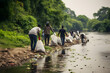 Sustainable lifestyle concept - volonteers clean the river