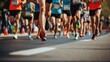Close-up of marathon runners' feet on the road during a race