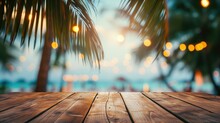 Empty Wooden Table And Palm Leaves With Blur Beach On Background In Summer Time, Can Be Used For Product Placement, Generative Ai