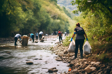 Wall Mural - Sustainable lifestyle concept - volonteers clean the river