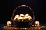 Fototapeta Uliczki - Golden eggs nestled in a dark wicker basket on a black background, symbolizing wealth and prosperity. Easter concept, easter eggs. Banner