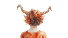 Rear View Of A Boy With Horns, Cartoon Watercolor Illustration, Animated Forest Boy
