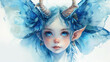 illustration of cute blue baby girl fairy of jungle with pretty eyes and horns , forest fairy isolated on white background, nursery room decor, cards or t-shirt prints