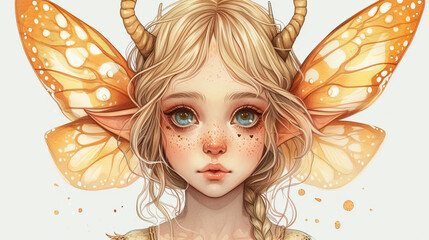 illustration of cute peach color fairy of jungle with pretty eyes and horns , forest fairy isolated on white background, nursery room decor, cards or t-shirt prints
