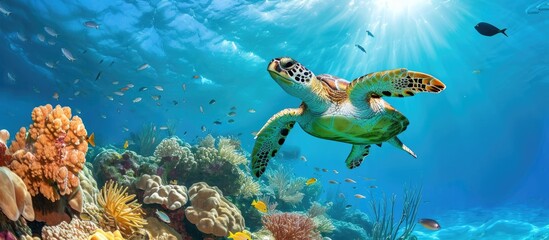 Poster - Mexico's vibrant Caribbean sea hosts a diverse array of marine life, including a green sea turtle and tropical fish, amidst a colorful coral reef.