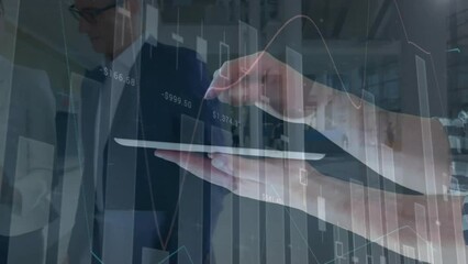 Poster - Animation of financial data processing and hands using tablet over diverse colleagues